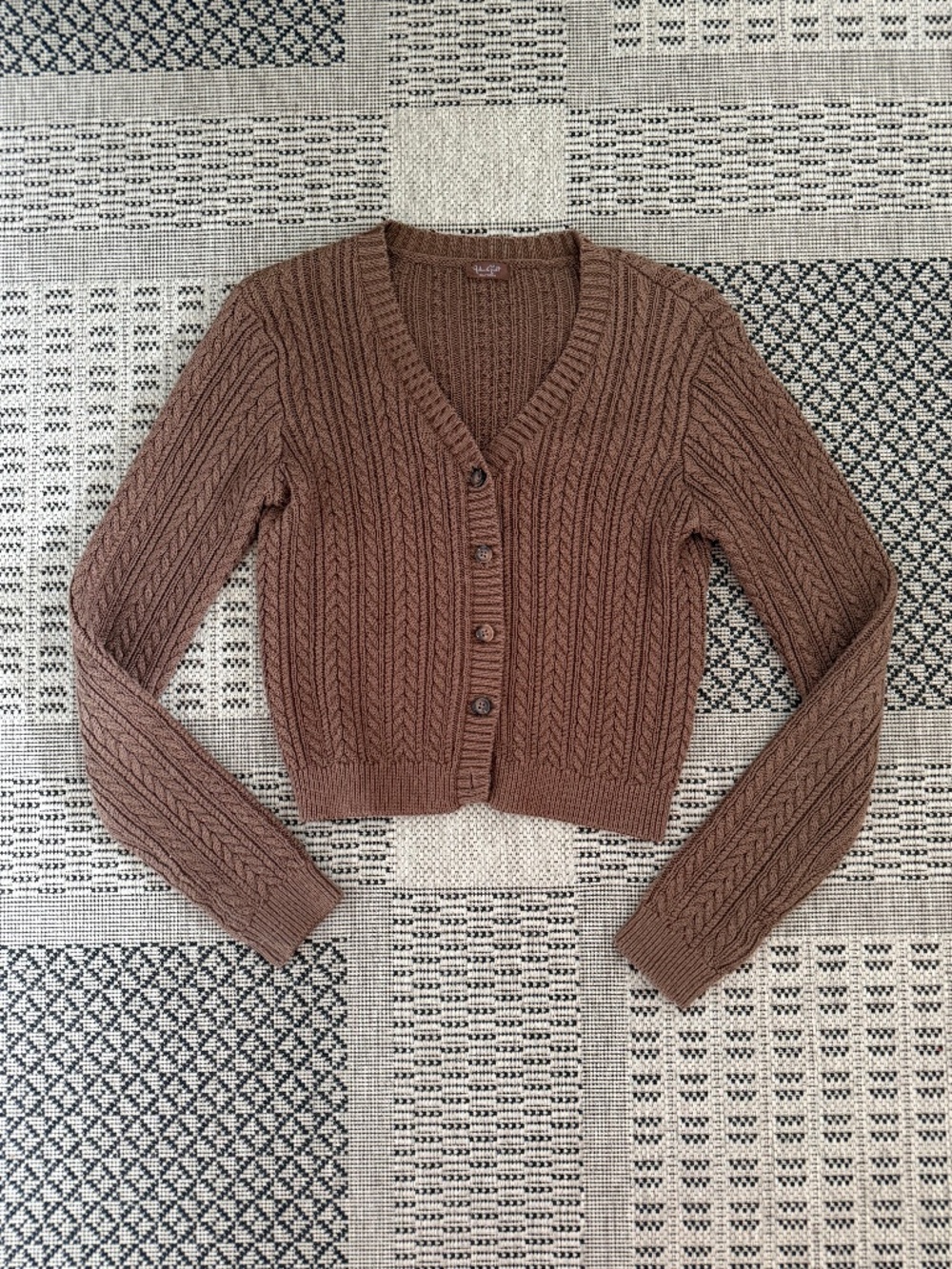 John Galt Brown Cable-Knit Cropped Cardigan - One Size